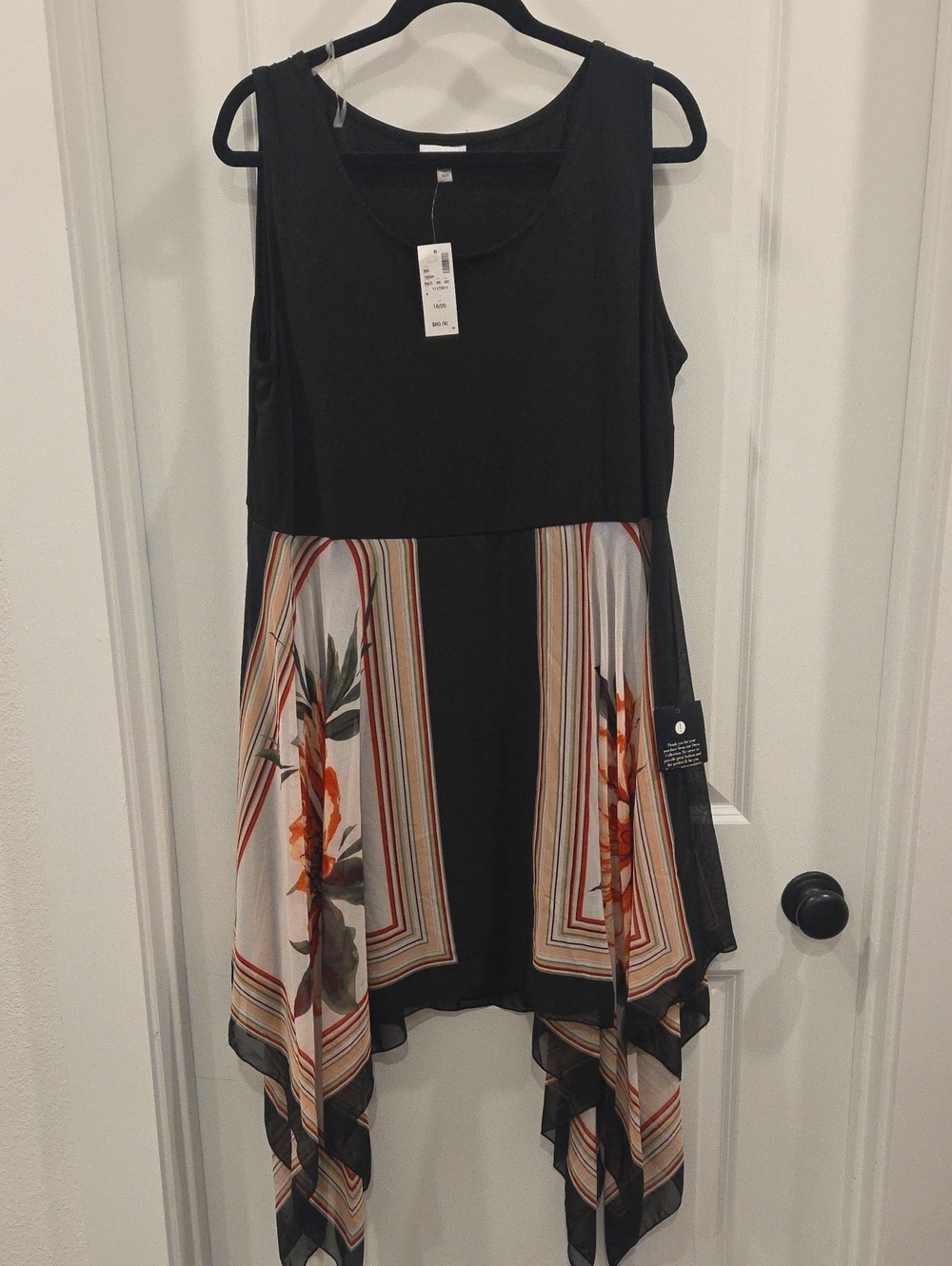 Avenue Black High-Low Dress with Floral Stripe Handkerchief Hem